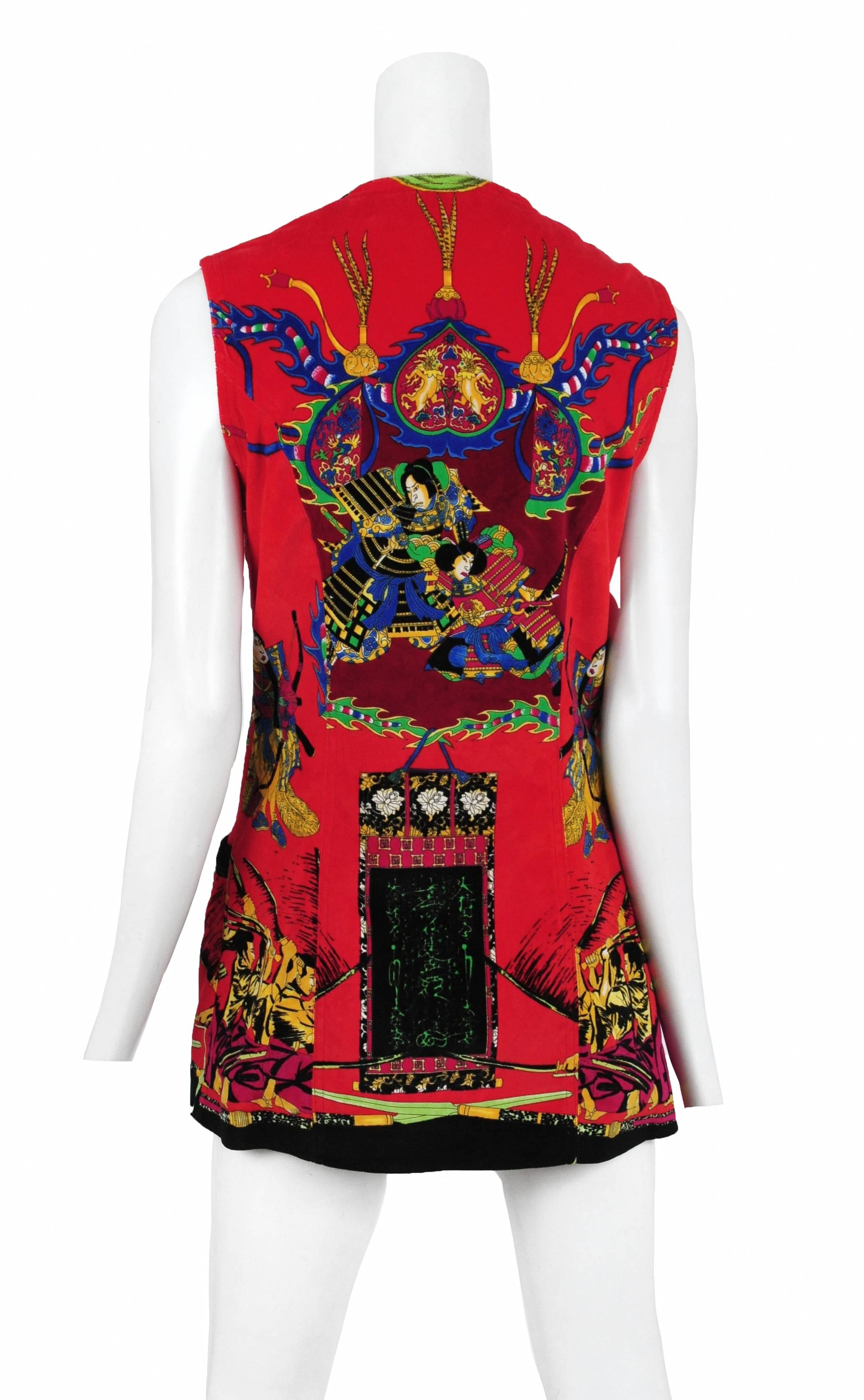 Vintage Gianni Versace red cotton velvet vest featuring a Samurai print and gold buttons.