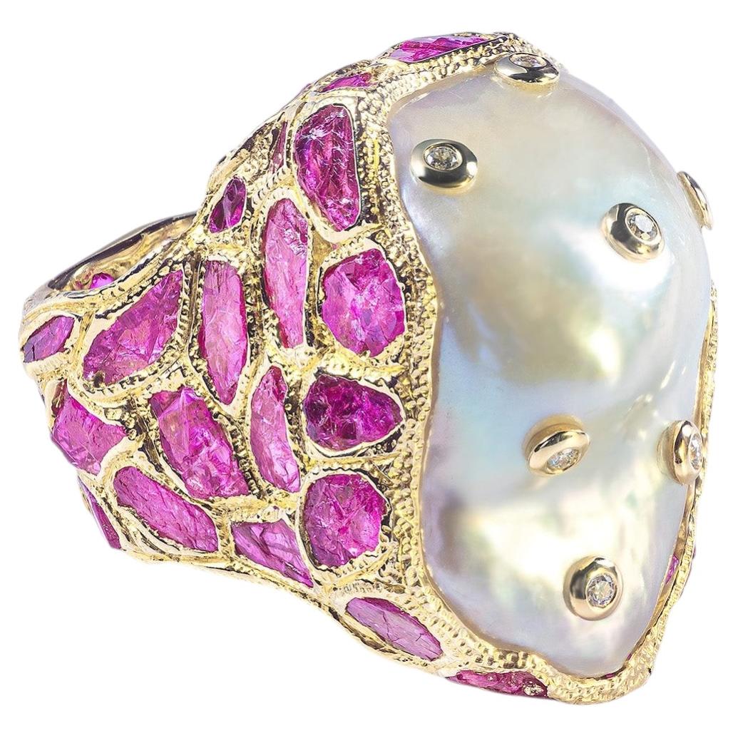 German Kabirski Vitra 14k Gold Ring With Bezel Set Diamonds & Baroque Pearl
