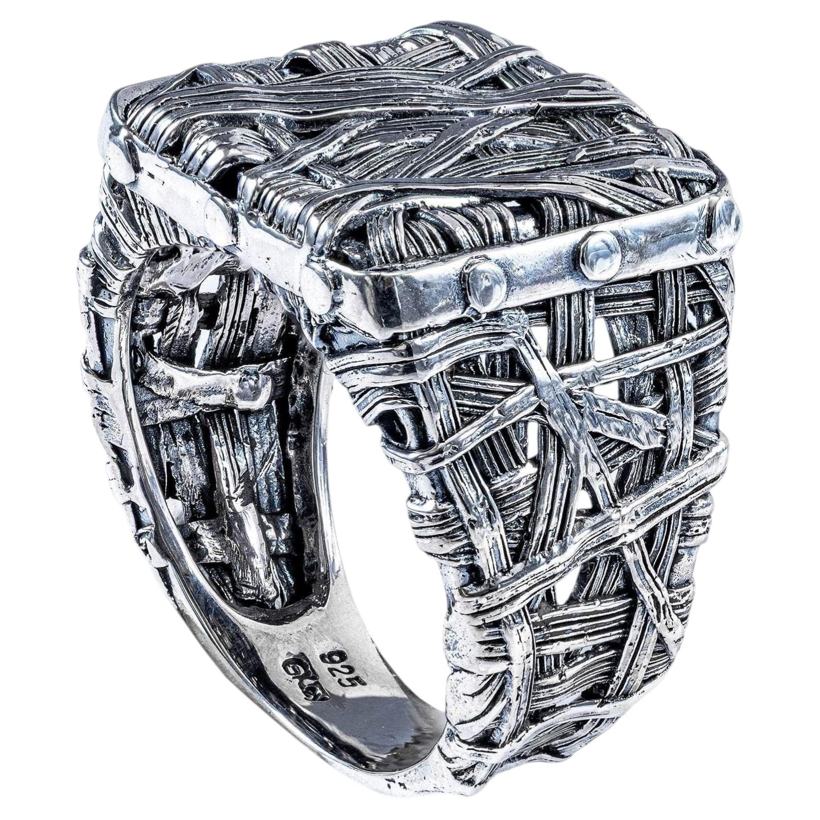Bague allemande « Kabirski Dentelle » en argent 925 oxydé, à la texture tissée chaotique