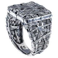 German Kabirski Dentelle Oxidized 925 Silver Ring with Chaotic Woven Texture