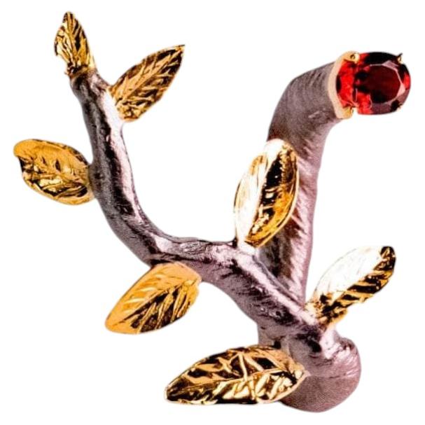 German Kabirski Haara Black Rhodium & Gold Plated 925 Silver Ring With Garnet