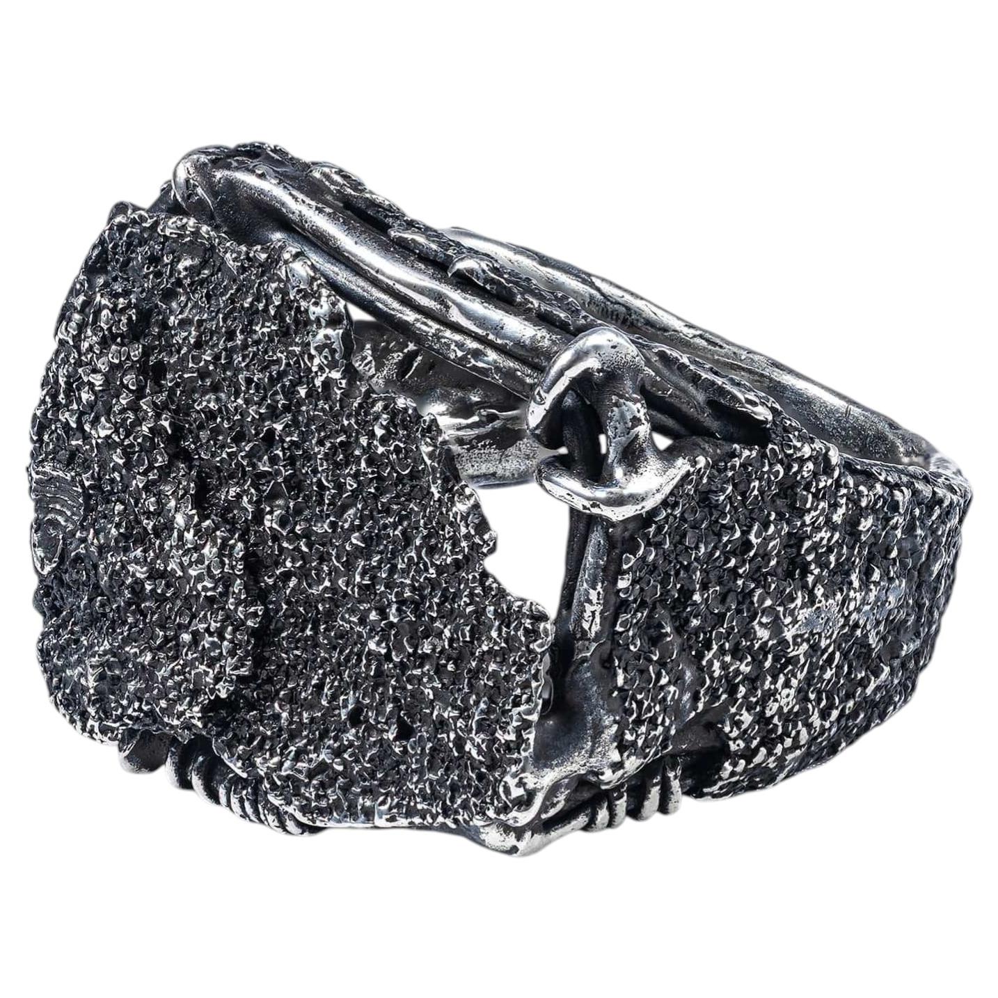 German Kabirski Loom Oxidized 925 Silver Ring with Raw Grained Texture