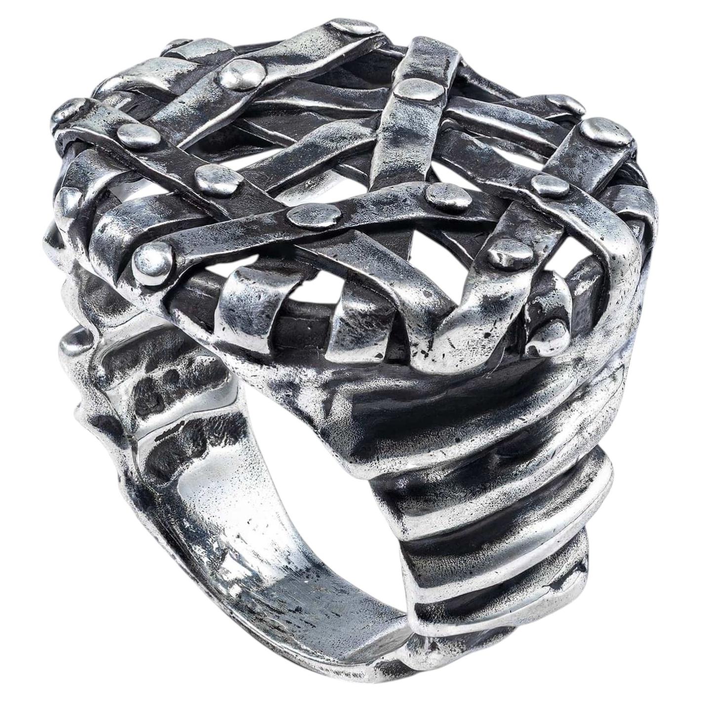 German Kabirski Chainmail Sterling Silver Ring with Cold, Machined Metal Effect