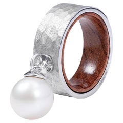 German Kabirski Naia Silver & Rosewood Ring with Suspended Freshwater Pearl