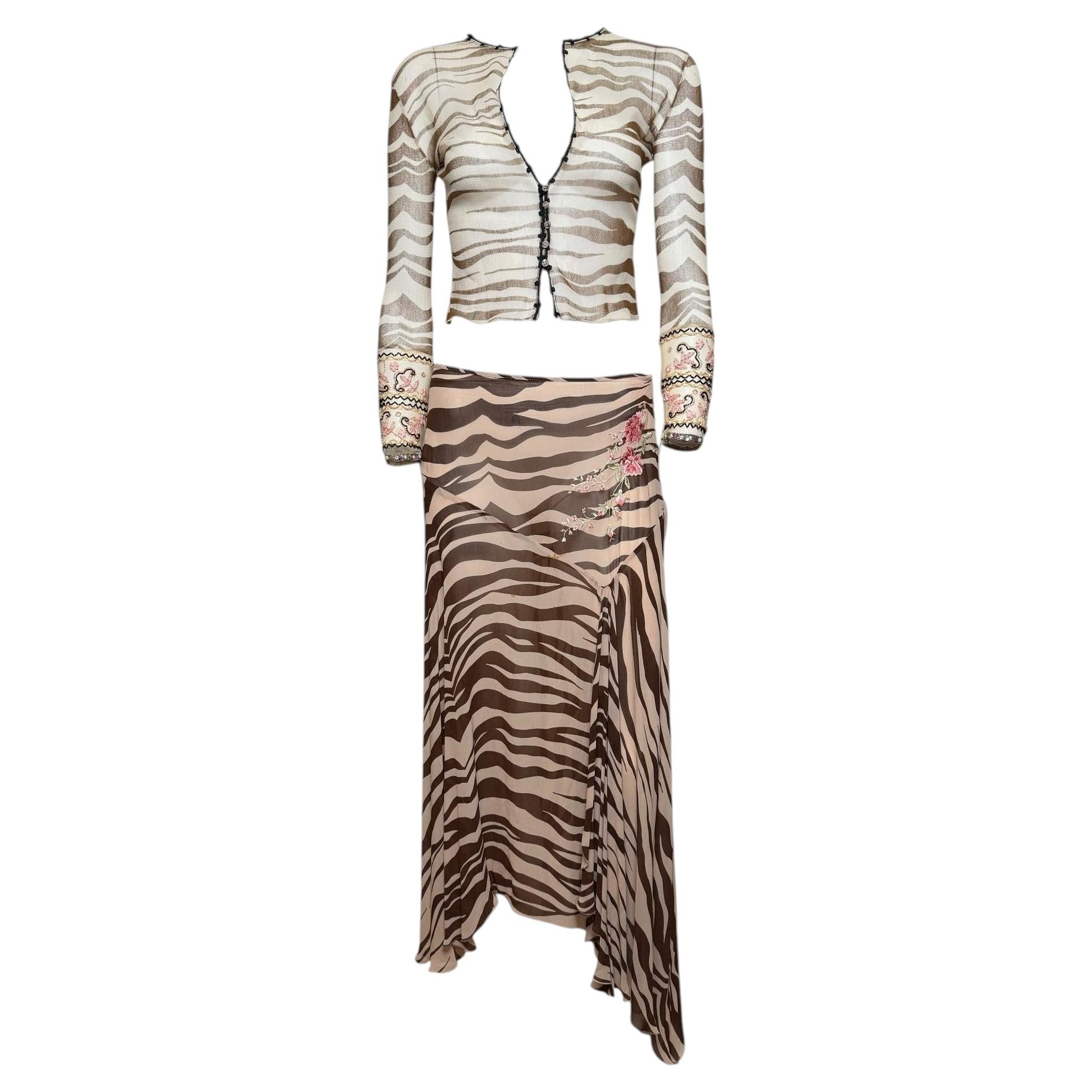 Blumarine S/S 2000 Zebra Mesh Cardigan, Skirt and Embellished Mules Ensemble For Sale