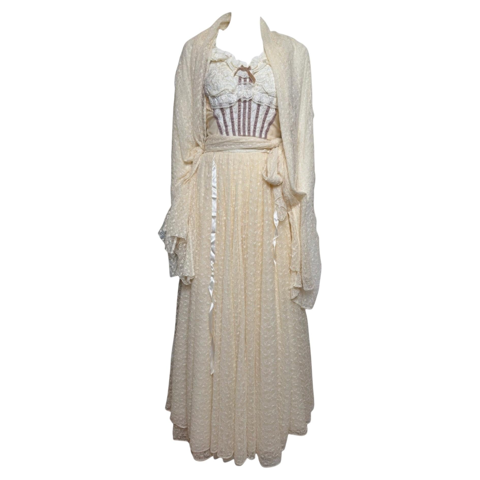 Dolce & Gabbana F/W 1993 Cream Lace Corset Bustier, Skirt And Shawl Ensemble For Sale