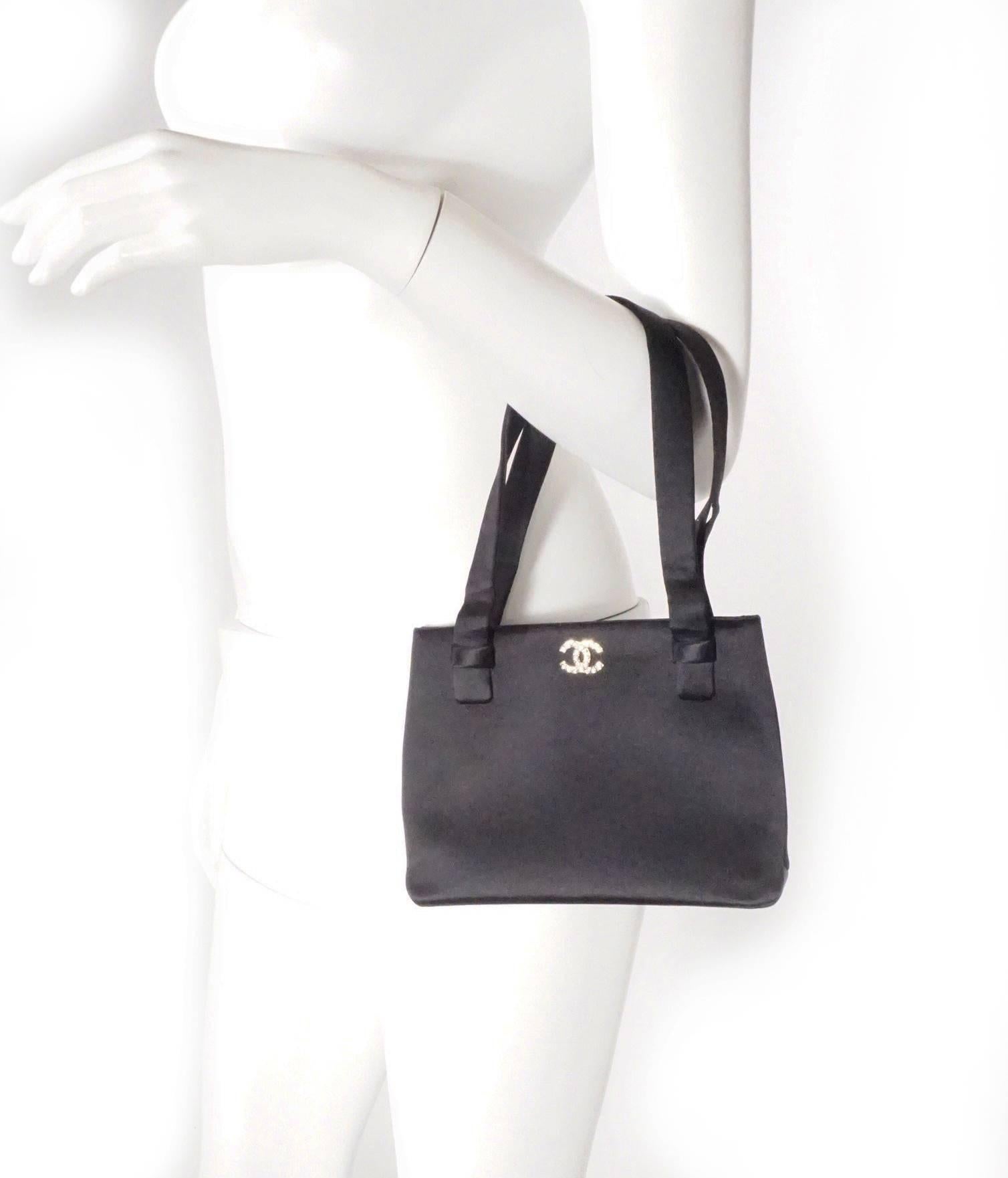 Chanel black satin evening bag with adorned 