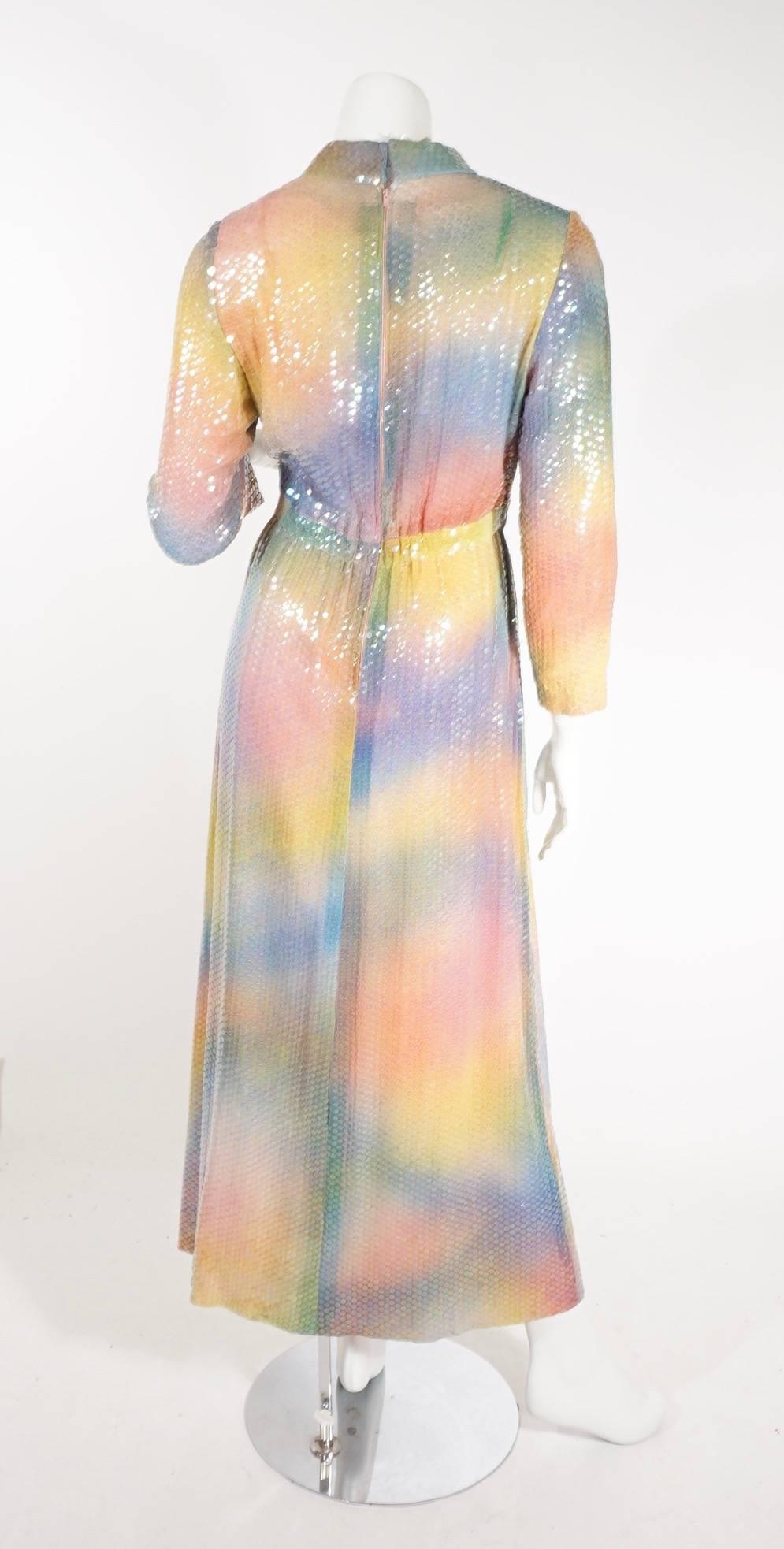 Beige 70s Malcolm Starr Multi Colored Sequin Full Length Dress For Sale