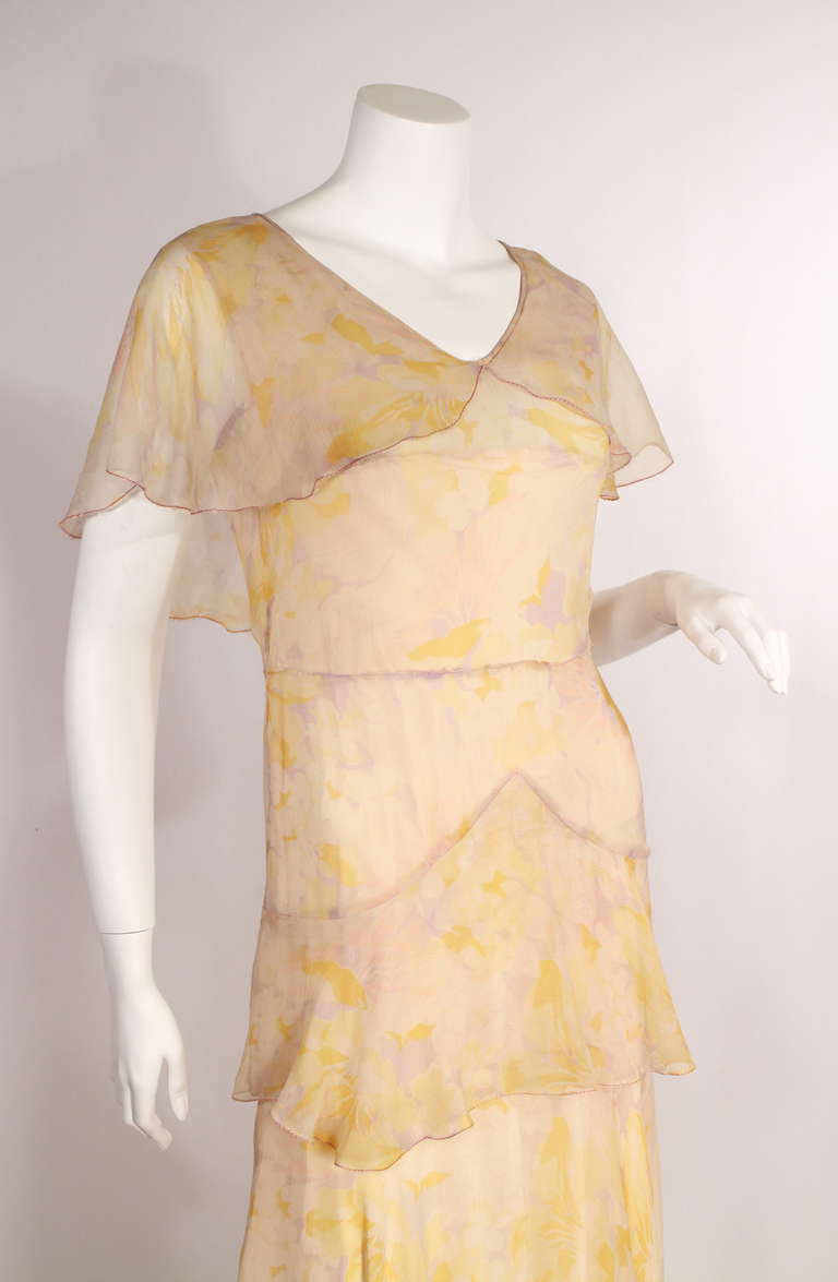 Beige 1930s Chiffon Floral Dress