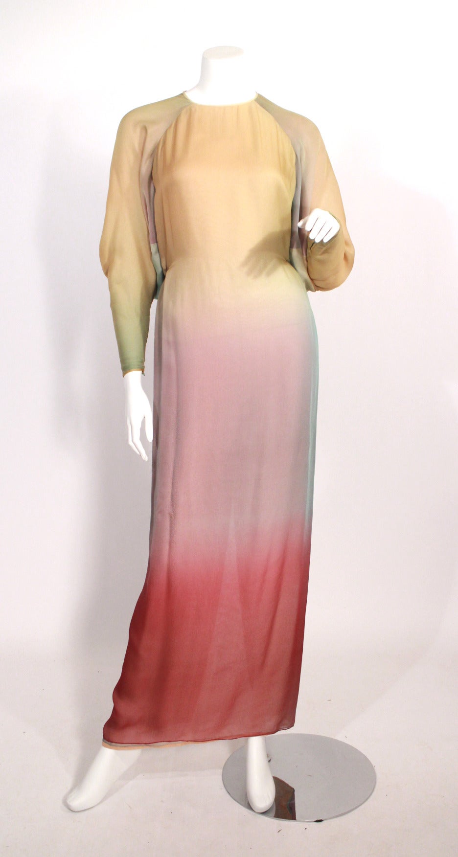Galanos multicolor ombre silk gown with crystal buttons on the backside and zip closure. Excellent condition.