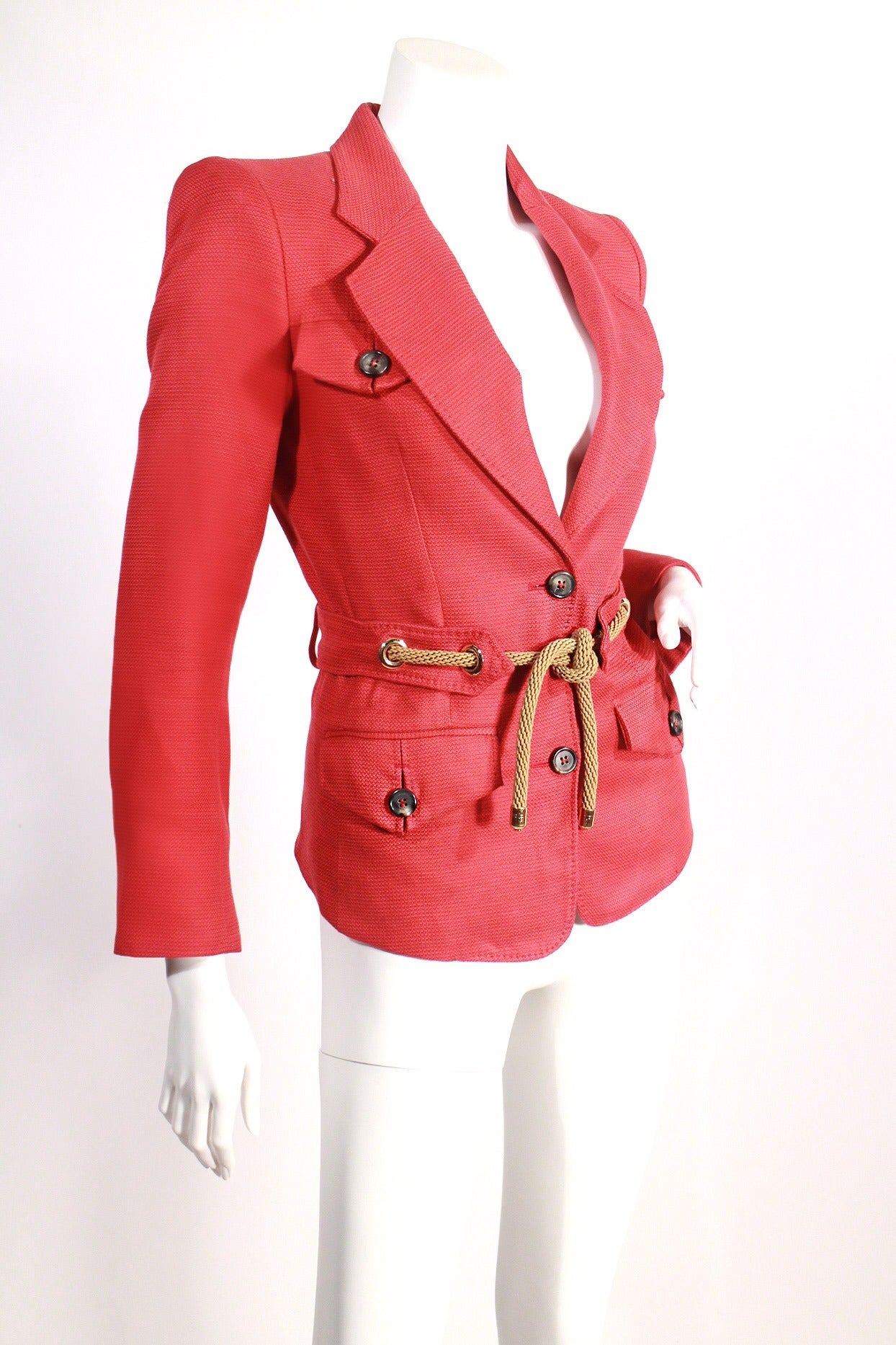 1990's Yves Saint Laurent red nautical blazer. Features three buttons, rope tie, fully lined. This blazer is perfect for summer! Extremely flattering, cinching at waist. Excellent condition. 