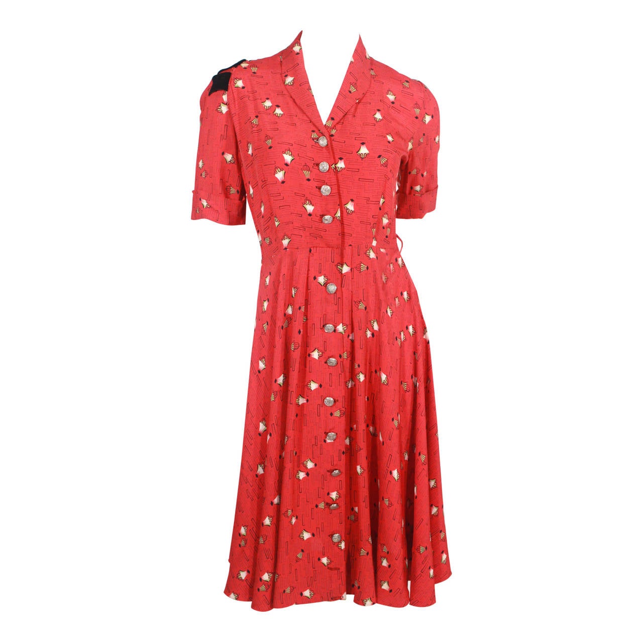 Late 1940s Red Print Dress For Sale