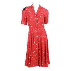 Vintage Late 1940s Red Print Dress