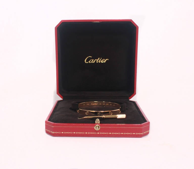 Cartier Love Bracelet, 18K Yellow Gold, size 17, original presentation box and outer box.
Width- 6mm