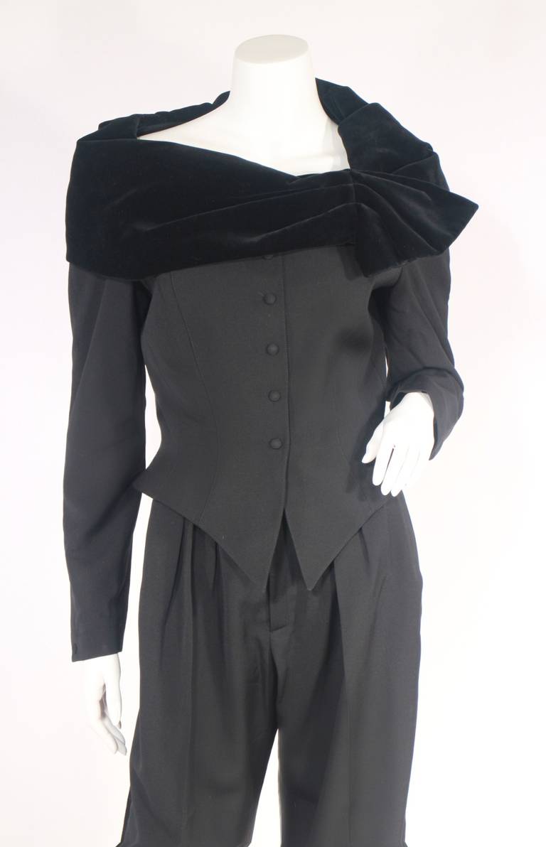 Late 80's Early 90's Thierry Mugler tuxedo pant suit. Can be worn as a suit or separate. The jacket has a wonderful velvet 