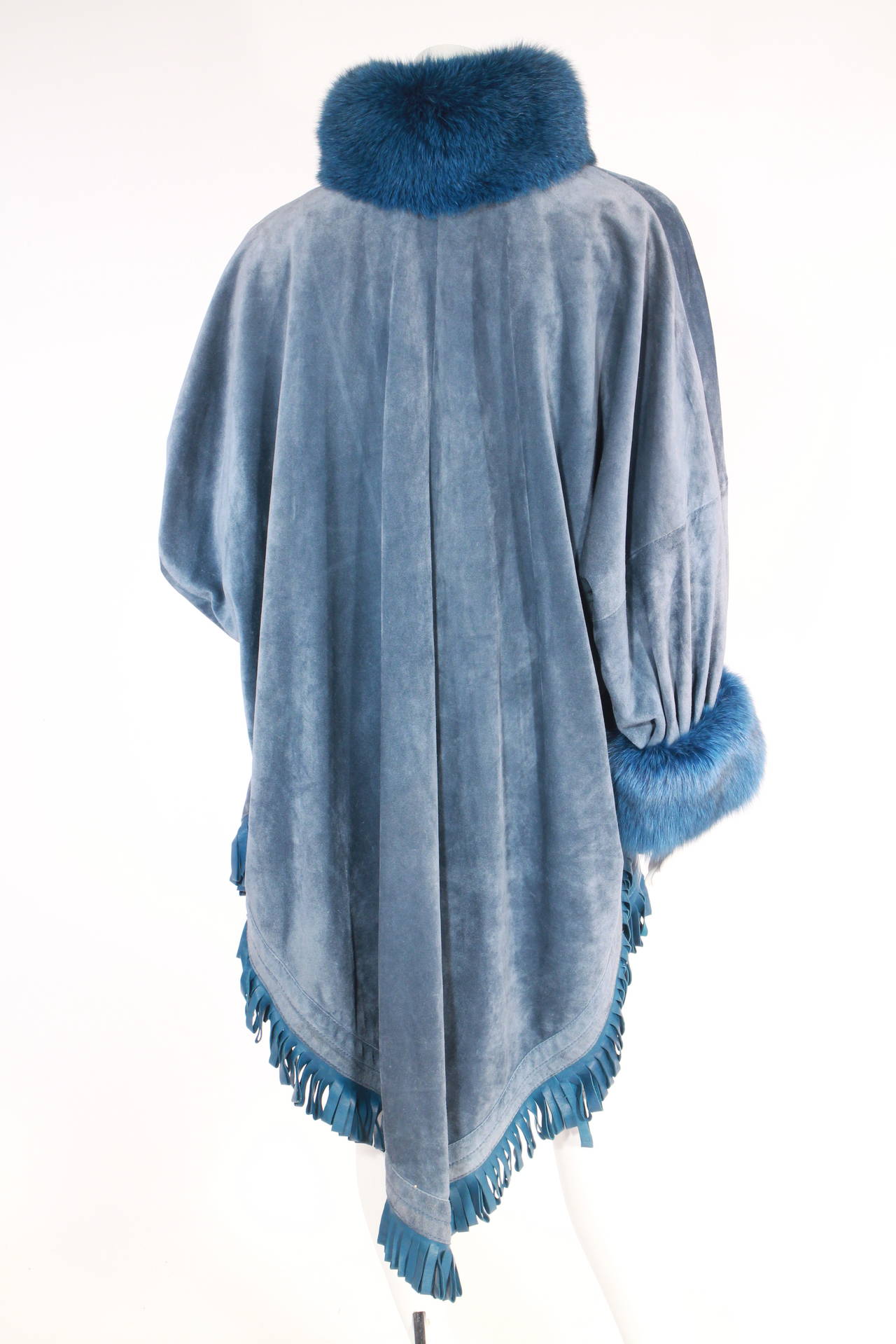 Christian Dior Suede Cape with Fringed Leather Trim and Fox Fur In Excellent Condition In New York, NY