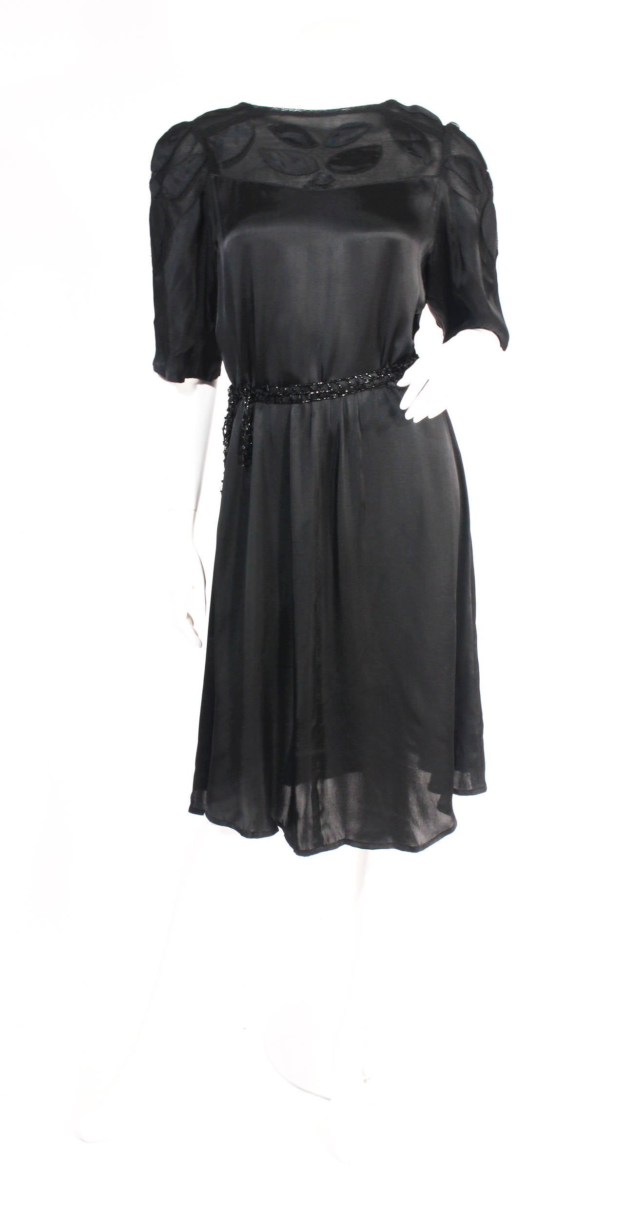 1930s Black Satin Dress with Jet Belt For Sale at 1stDibs