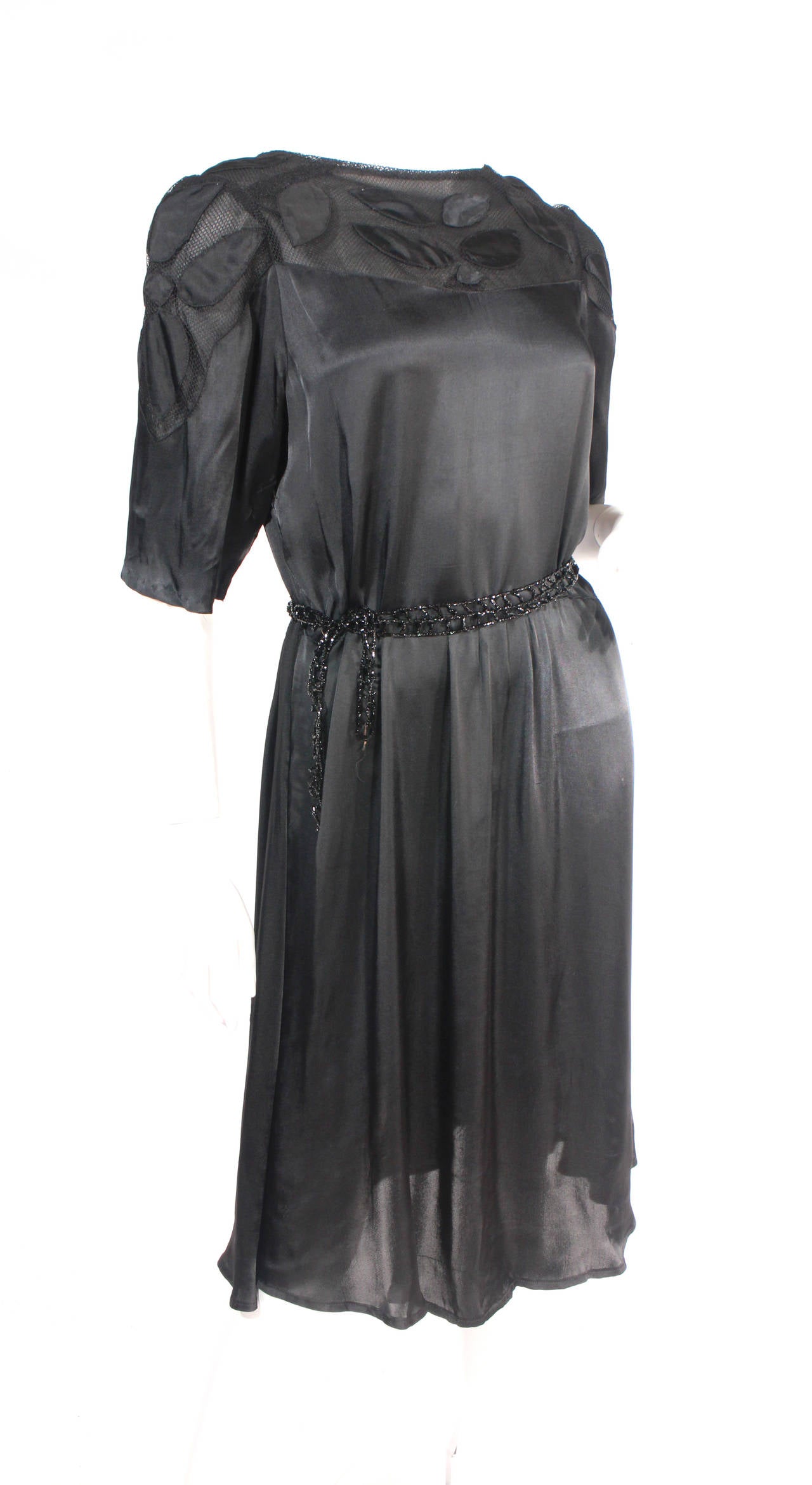 1930s Black Satin Dress with Jet Belt