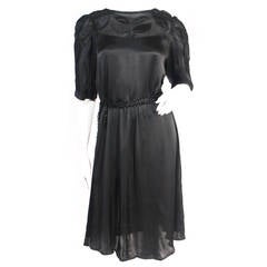 Vintage 1930s Black Satin Dress with Jet Belt