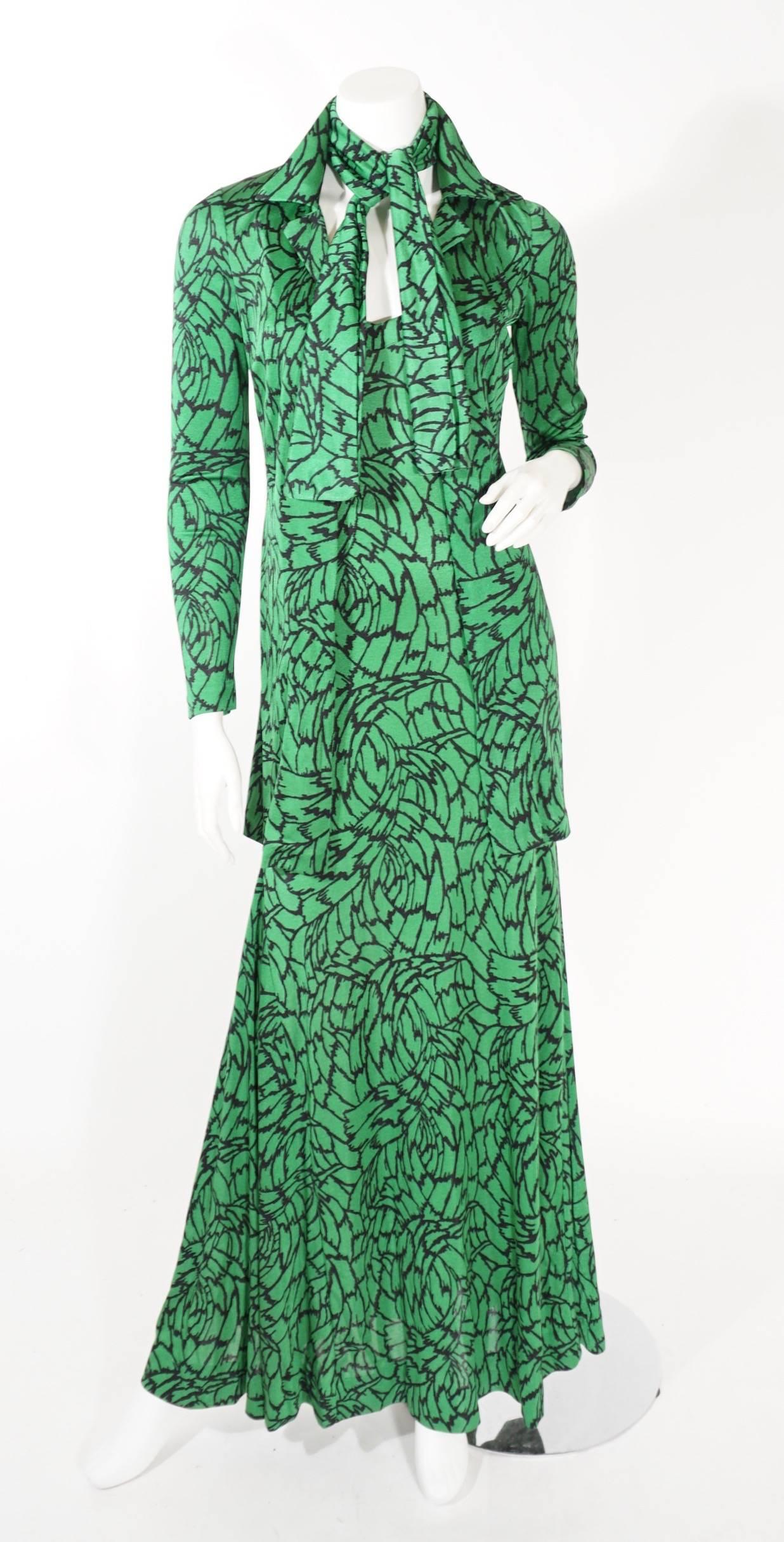Diane Von Furstenberg Green Print Maxi Gown With Matching L/S Shirt And Tie For Sale 1