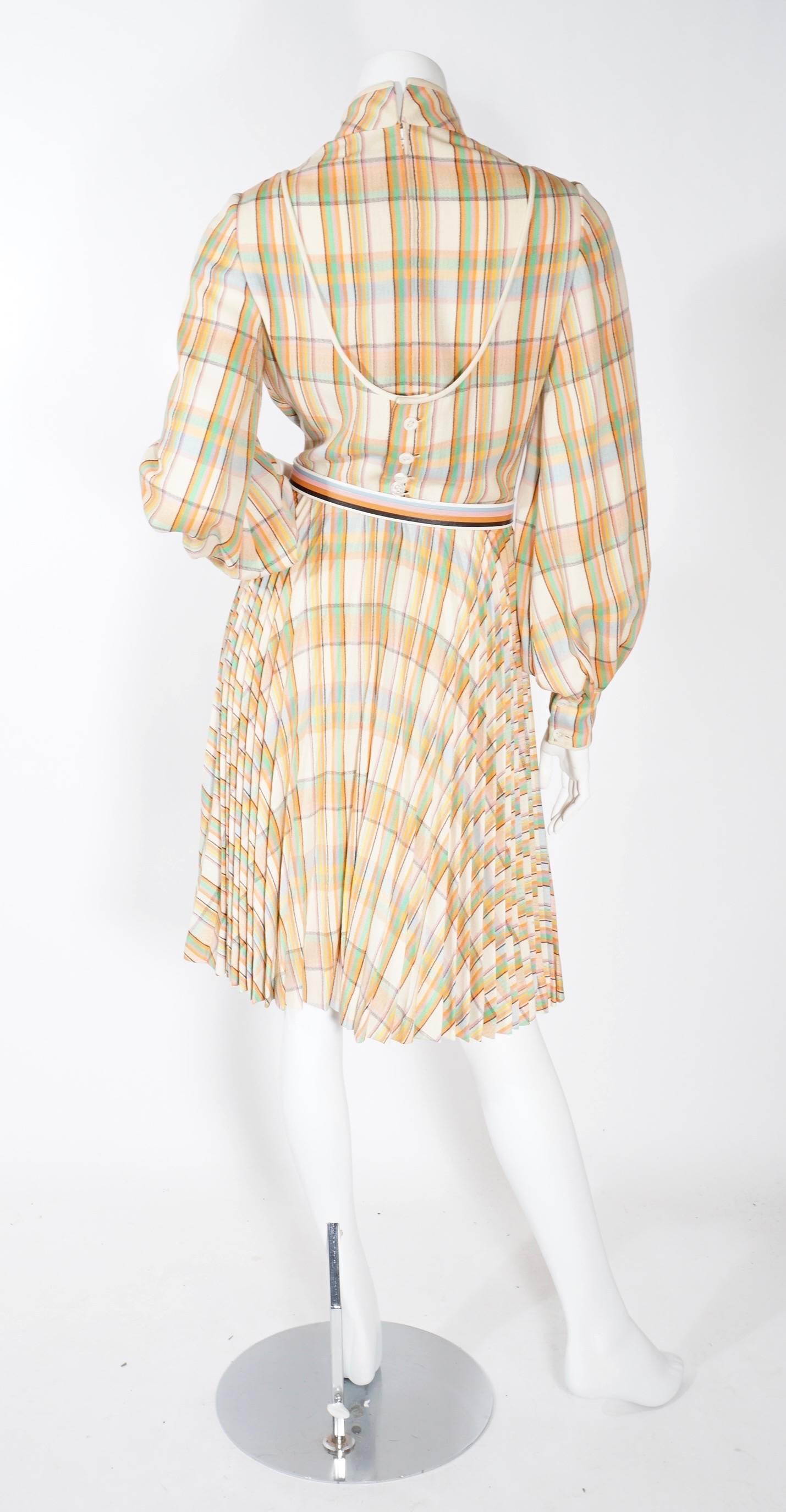 Beige 1970's Galanos Plaid Dress For Sale