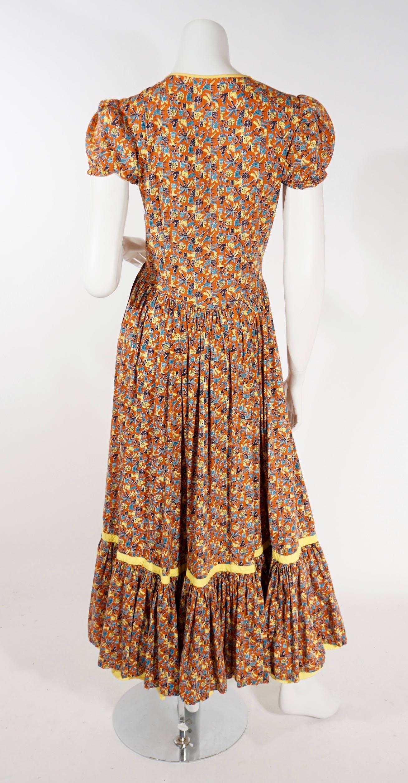1930s Full Length Summer Print Dress In Excellent Condition In New York, NY