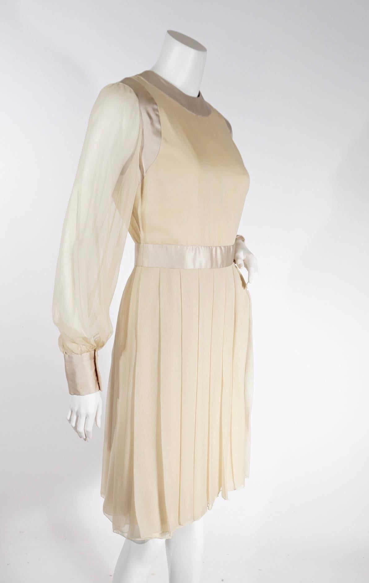 Beige 1970s Galanos Silk Chiffon Cream Pleated Dress For Sale