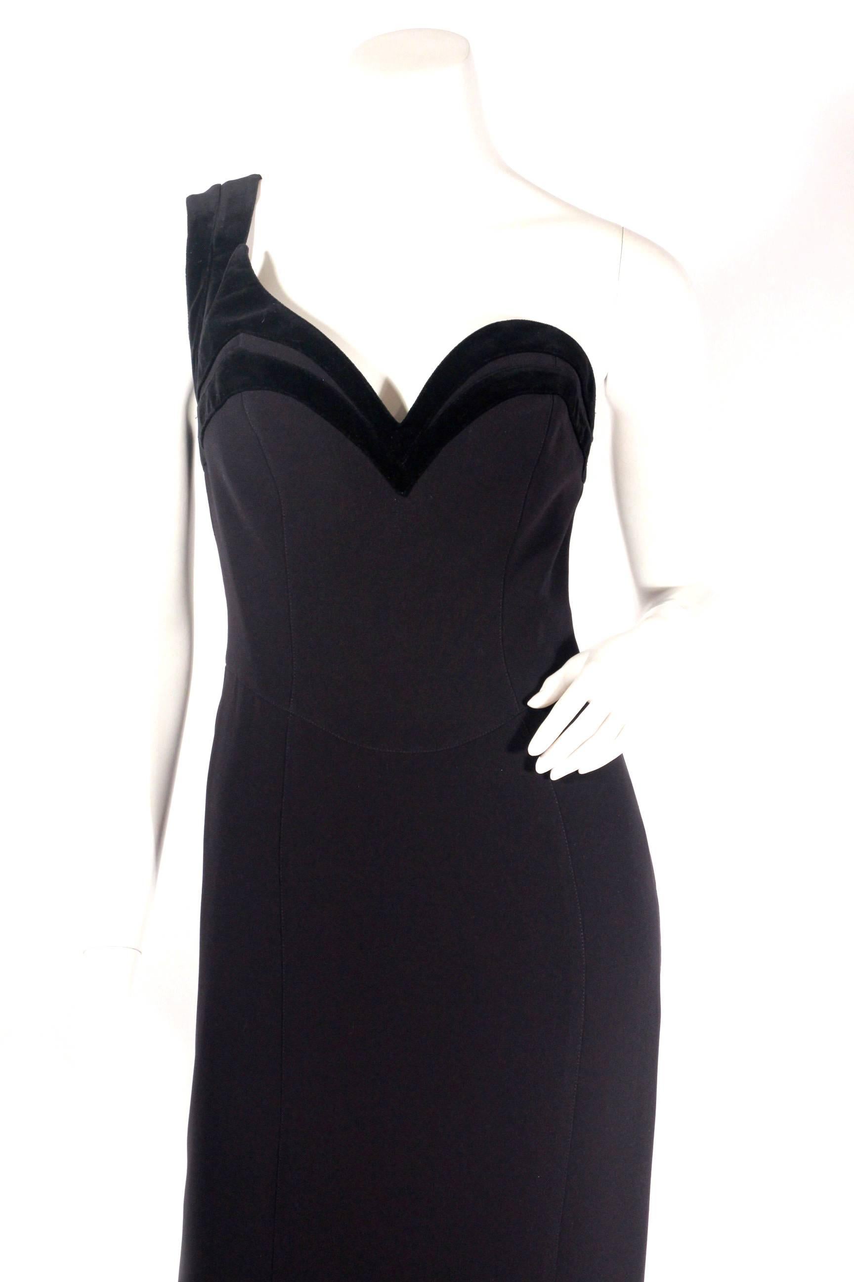 Vintage Thierry Mugle, circa 80s/ early 90s, full length gown with velvet detailing. This stunning dress is a classic, featuring one shoulder, velvet lining at bust, zip back. Excellent condition. 