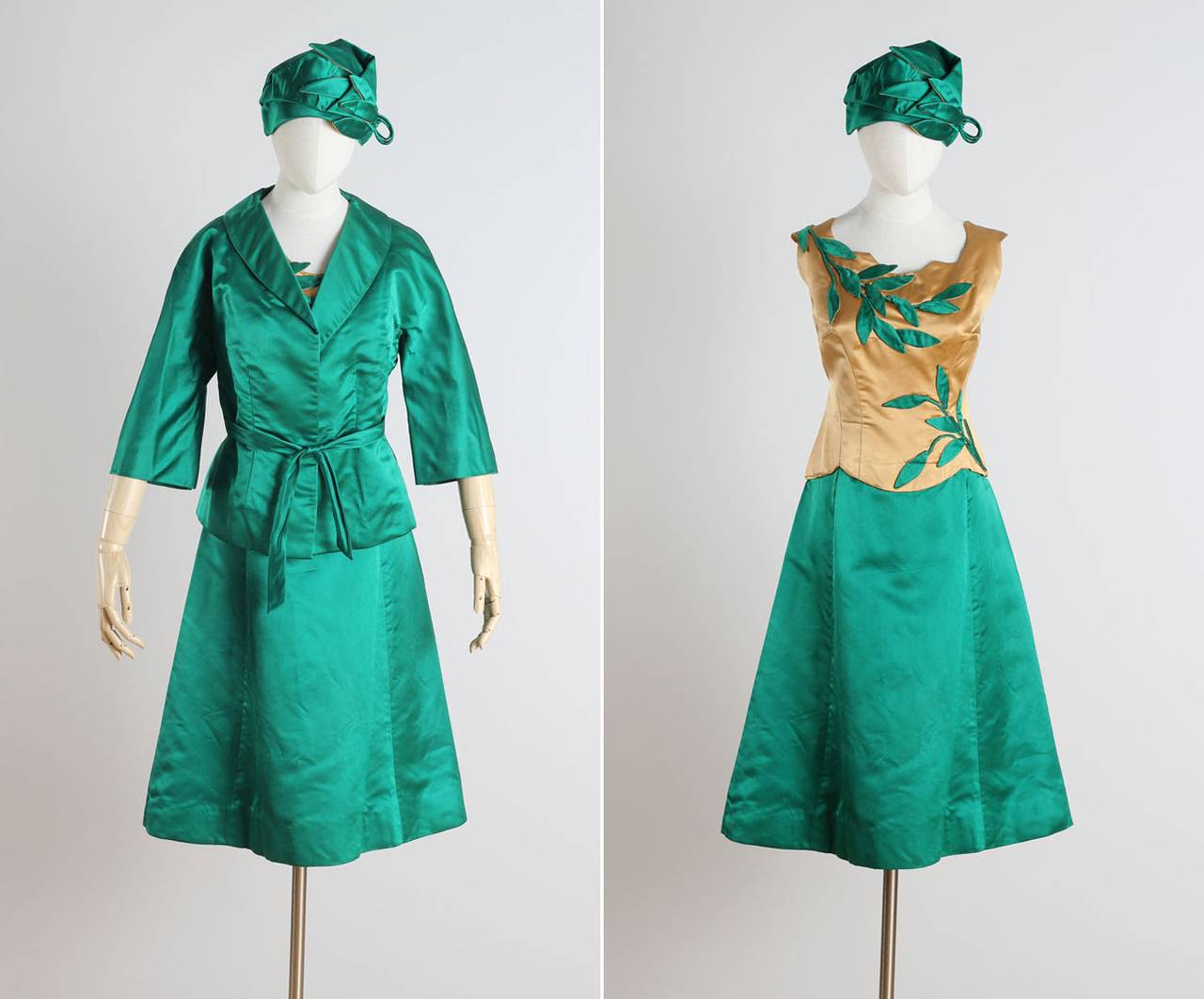 Vintage 1940s Green Gold Satin Dress Jacket & Hat 4