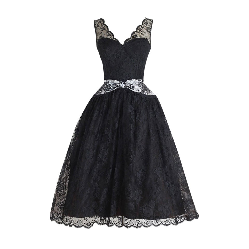 1950's Black Chantilly Lace Illusion Cocktail Dress