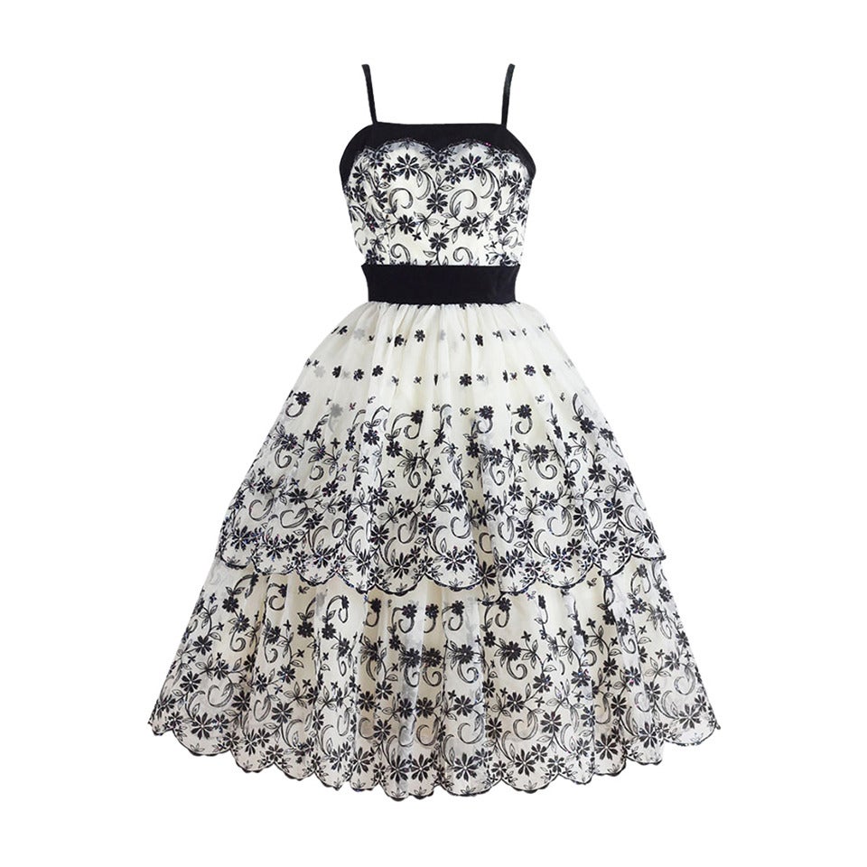 1950's White Black Glitter Flocked Chiffon Cocktail Dress