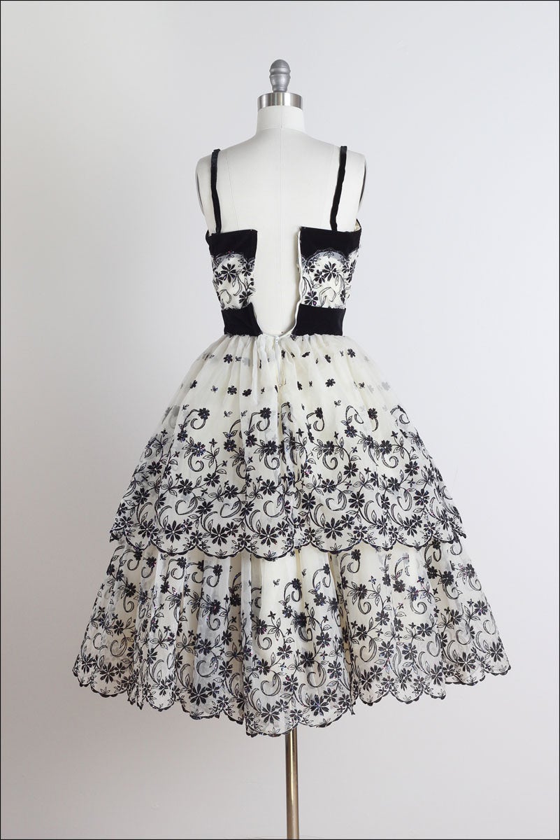 1950's White Black Glitter Flocked Chiffon Cocktail Dress 2