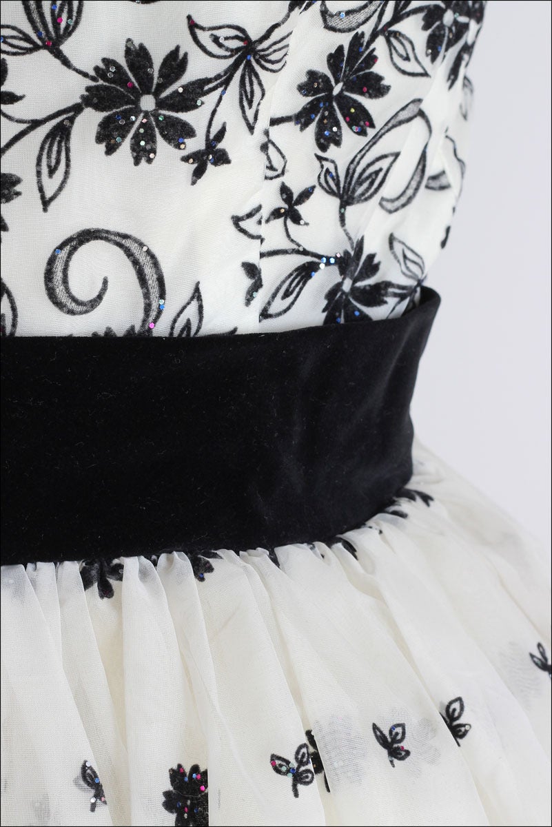1950's White Black Glitter Flocked Chiffon Cocktail Dress 1