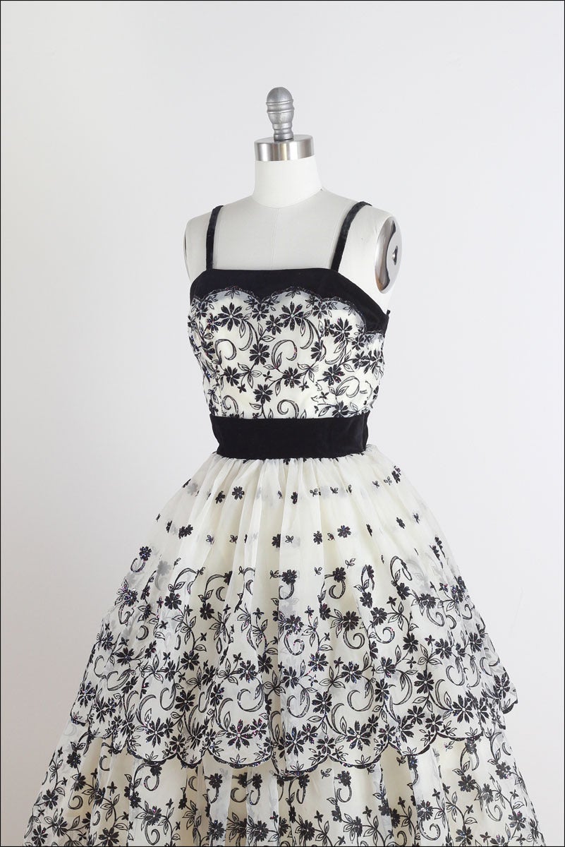 Women's 1950's White Black Glitter Flocked Chiffon Cocktail Dress