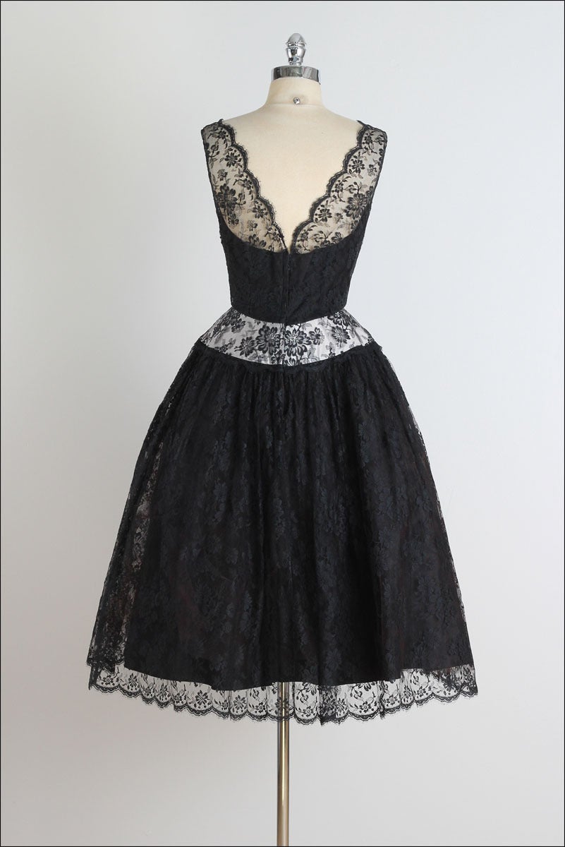 1950's Black Chantilly Lace Illusion Cocktail Dress 2