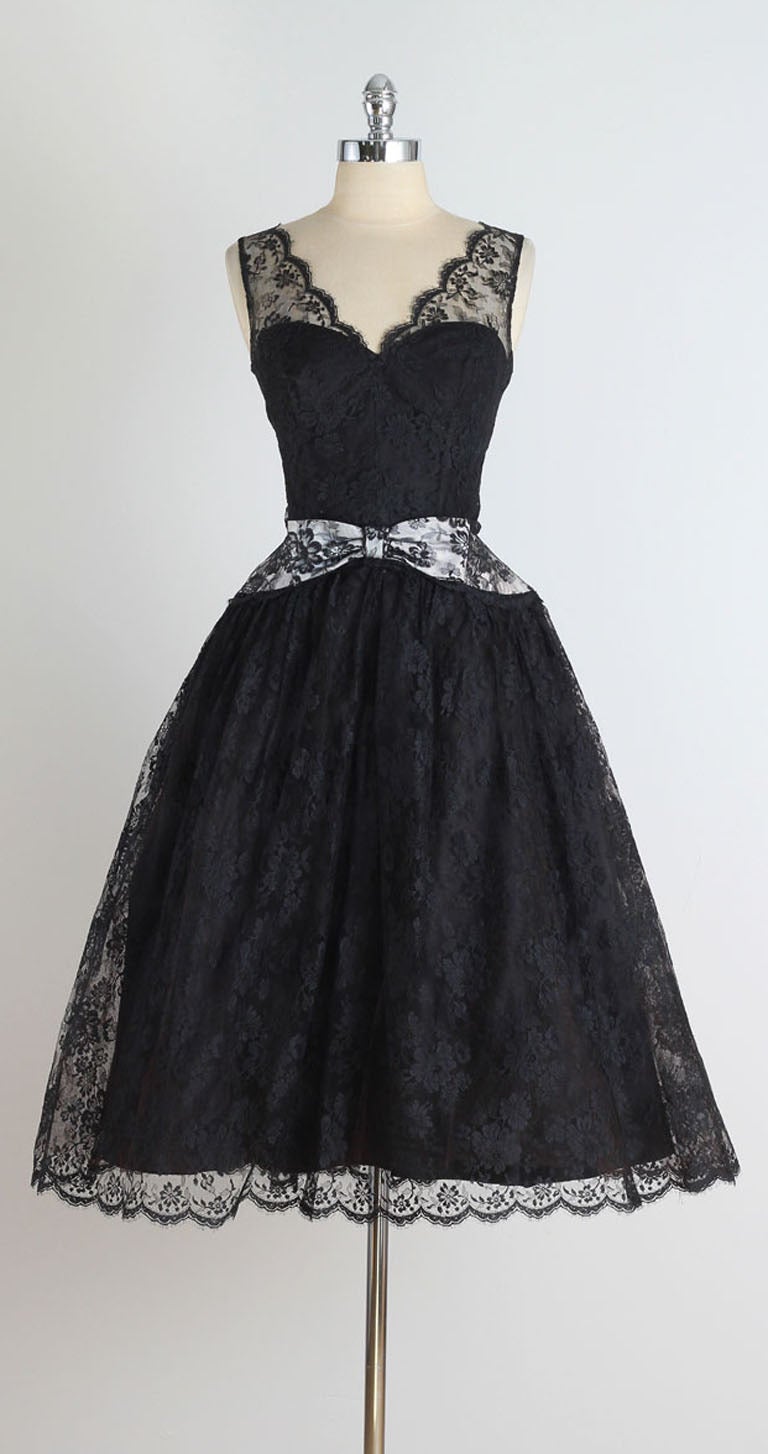 1950's Black Chantilly Lace Illusion Cocktail Dress 3