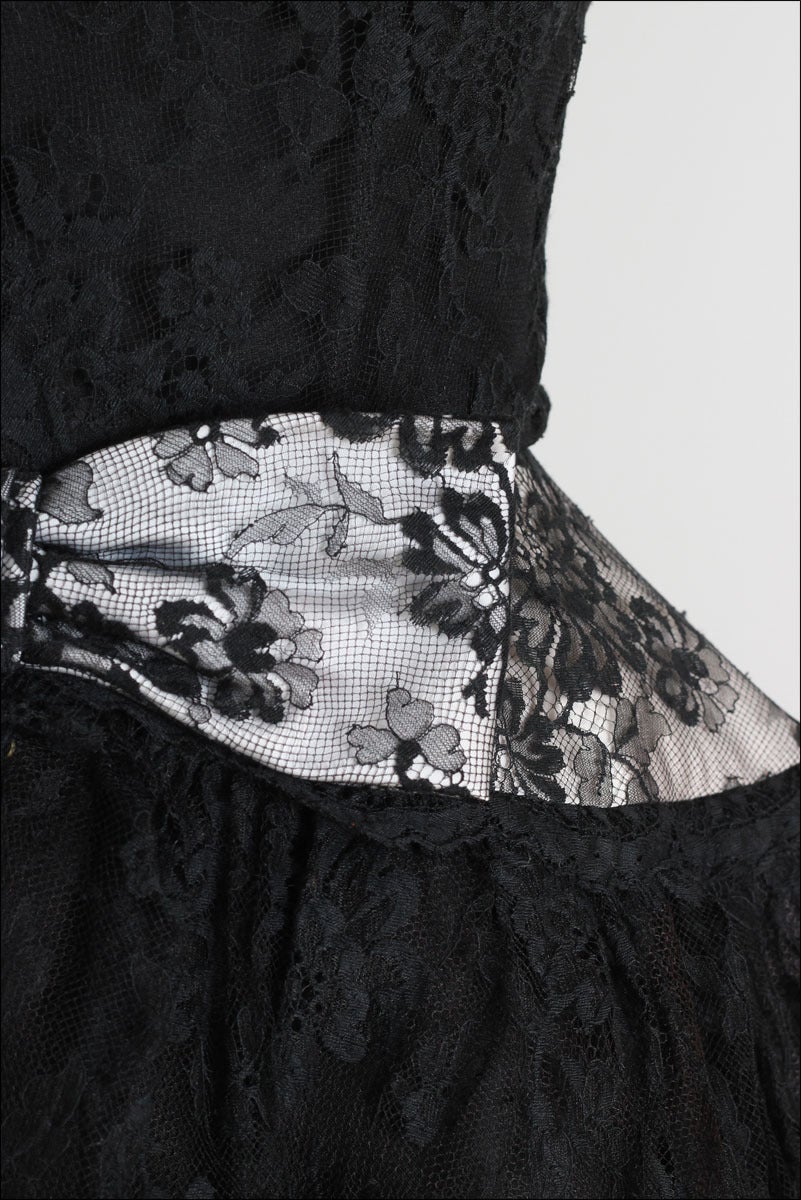 1950's Black Chantilly Lace Illusion Cocktail Dress In Excellent Condition In Hudson on the Saint Croix, WI