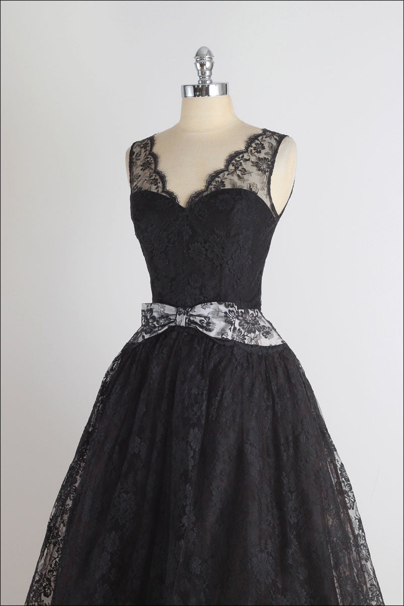1950's Black Chantilly Lace Illusion Cocktail Dress 1