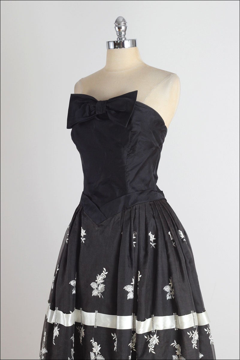 Women's 1950's Black Embroidered Organza Strapless Dress For Sale