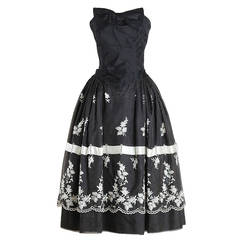 1950's Black Embroidered Organza Strapless Dress