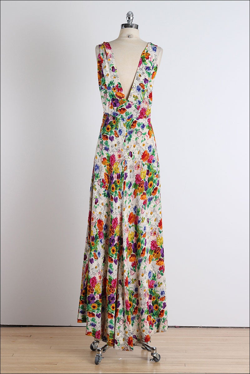 1930's Floral Silk Crepe Plunge Back Dress 1