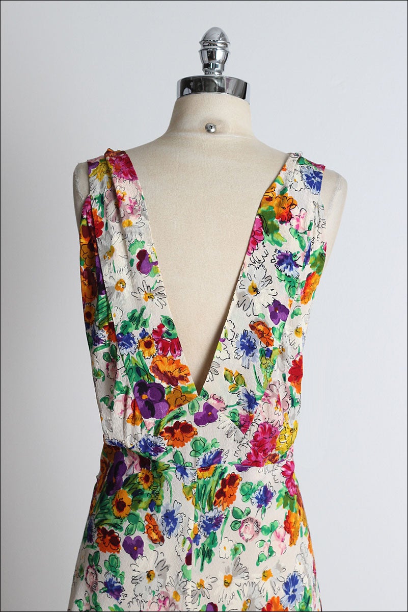 1930's Floral Silk Crepe Plunge Back Dress 2