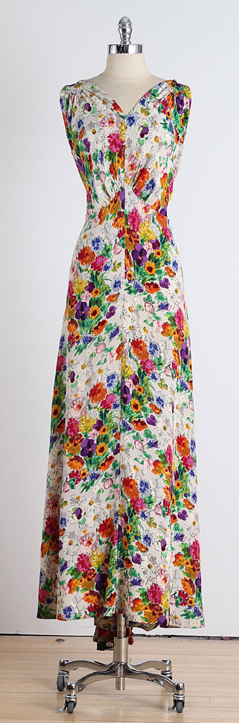 1930's Floral Silk Crepe Plunge Back Dress 3