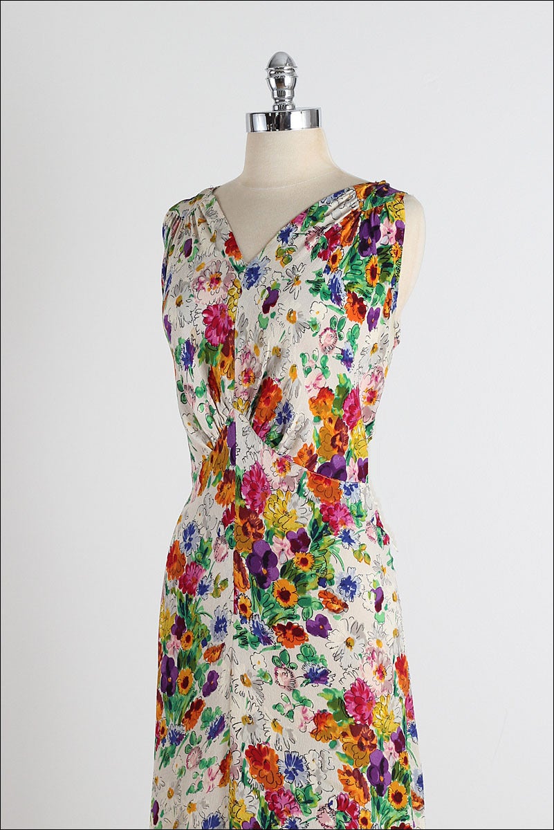 Women's 1930's Floral Silk Crepe Plunge Back Dress