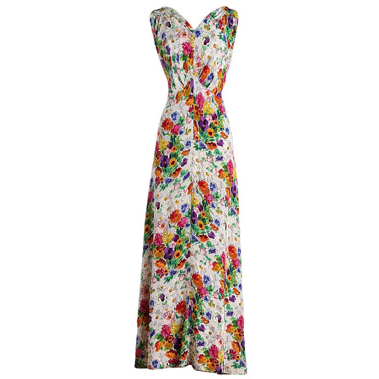 1930's Floral Silk Crepe Plunge Back Dress