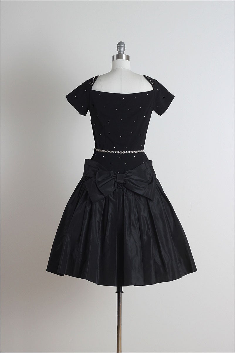 1950s Black Taffeta Rhinestone Cocktail Dress For Sale 1