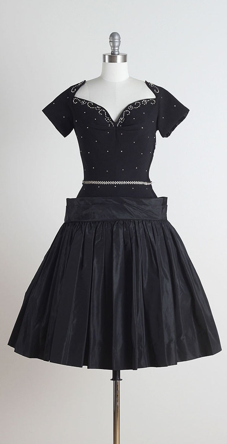 1950s Black Taffeta Rhinestone Cocktail Dress For Sale 4