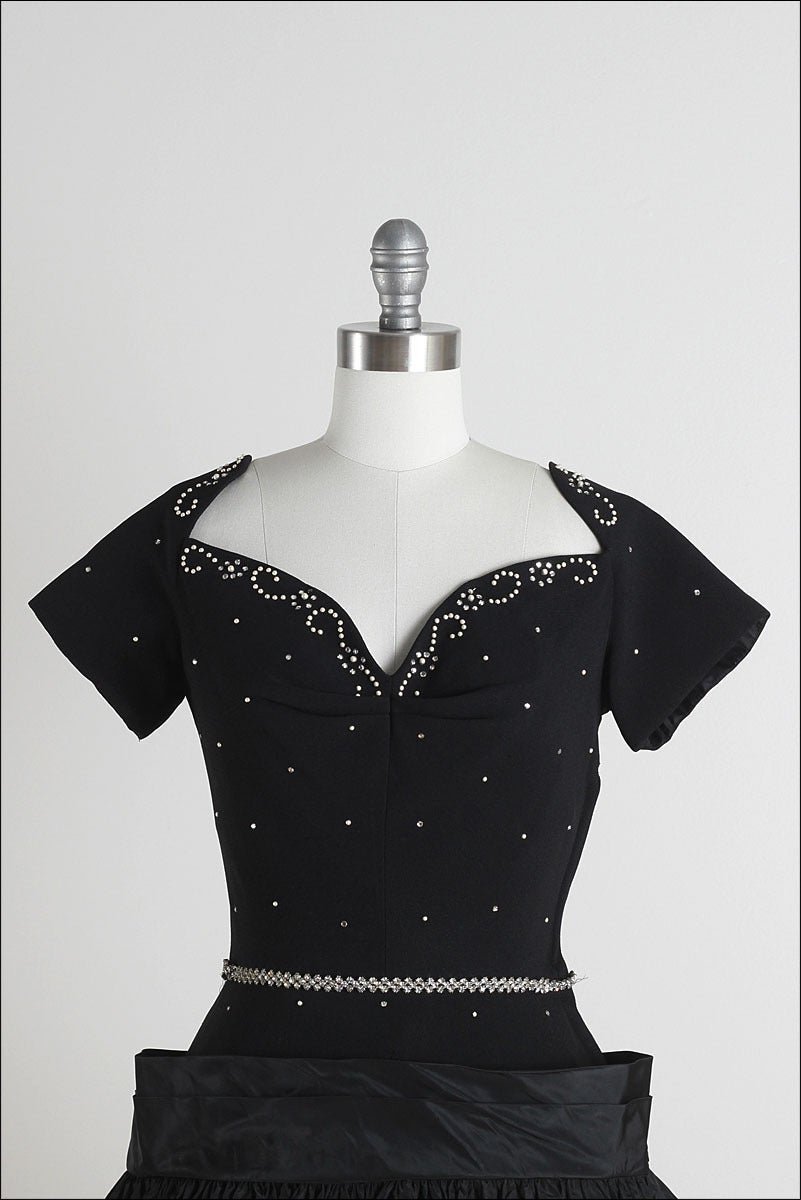 1950s Black Taffeta Rhinestone Cocktail Dress