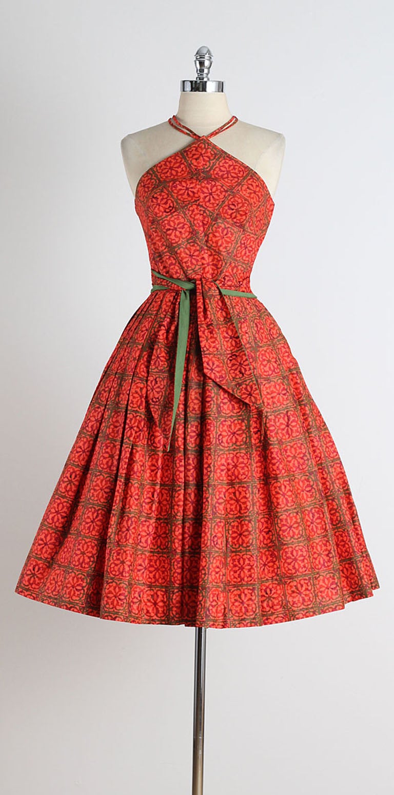Women's 1950s Joan Miller Triangle Halter Polished Cotton Dress For Sale