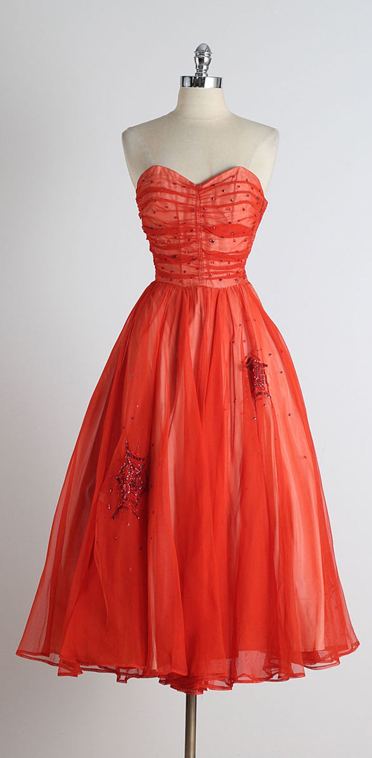 1950s Gothe Spiderweb Red Tulle Sequins Dress 4